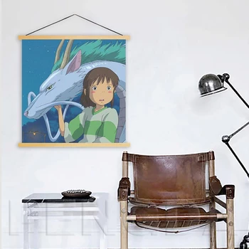 

Print Canvas Modern Spirited Away Wall Art Japanese Anime Solid Wood Hanging Scrolls Painting Posters Nordic Style Home Decor