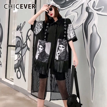 

CHICEVER Patchwork Mesh Shirt Female Print Lapel Collar Short Sleeve Oversize Loose Korean Blouse Women 2020 Fashion Clothes