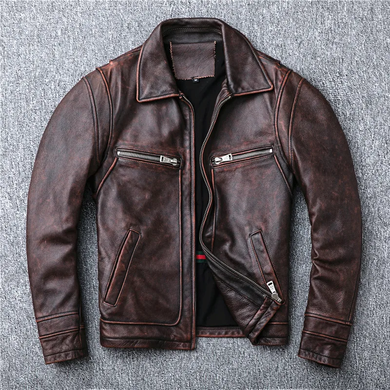 

AMEKAJI red brown heavy do old locomotive head layer cowhide leather leather jacket lapels male restoring ancient ways