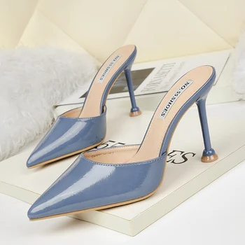 

Pointed Toe Shoes Woman 2020 Slippers Heels Shallow Slipers Women Luxury Slides Soft High Cover Thin New Designer Fashion PU