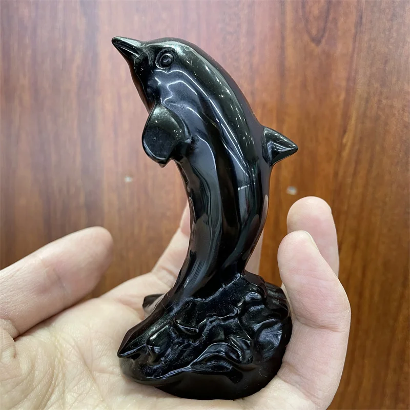 Natural preto obsidian cristal mão escultura golfinho