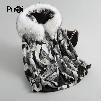 

PUDI A18016 women's winter warm genuine wool fur with real raccoon fur collar winter coat lady long coat jacket overcoat