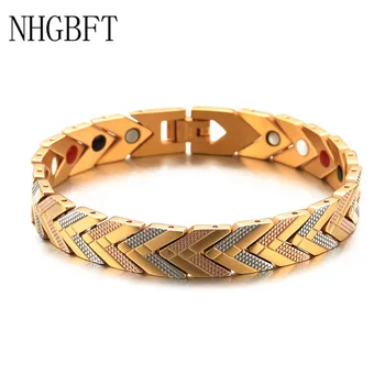 

NHGBFT Three colors in one Health Energy Therapy Bracelet For Mens Stainless Steel Energy Stones Magnetic Bracelet