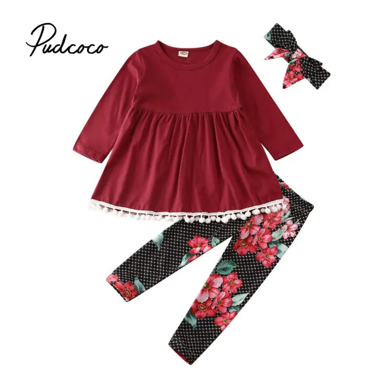 pudcoco 2-7Y Toddler Kids Baby Girls Clothes Sets Red Tops Dress Long Pants Headband Floral Leggings Outfits Set Spring Clothing | Детская