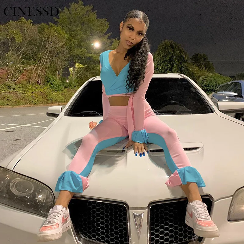 

CINESSD Fashion Contrast Color Two Piece Set Women Petal Sleeve V Neck Bandage Crop Top Party Club Skinny Pants Bodycon Outfit