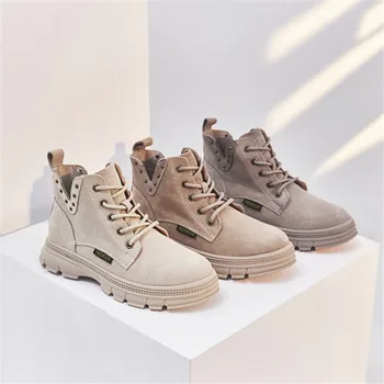 

Boots Women Zapatos De Mujer Flock Ankle Boots Low Heel Ladies Shoes Round Toe Chaussures Femme Lace Up Female Shoes