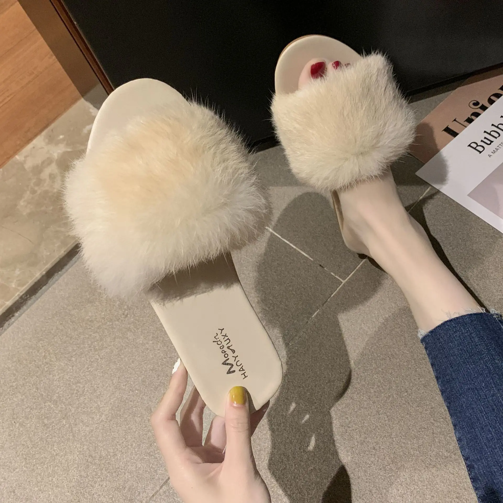 Slippers Female Flat Wear Outside Girl Heart Autumn and Winter New Color Rabbit Hair Home Non-slip Slippers