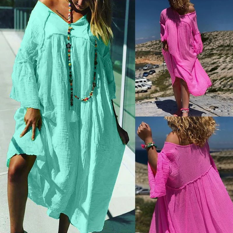 

Tunics For The Beach Dresses Pareo Swimsuit Cover Up Womens Coverup New Fund 2019 Loose Plus Size Boho Dress Solid Acetate