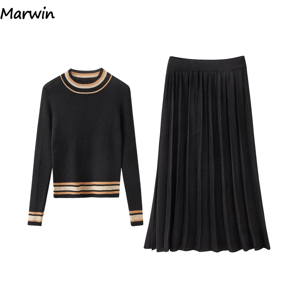 marwin nova primavera outono quente macio high street estilo feminino define casual meados de bezerro saias cintura elástica silm suéteres conjuntos