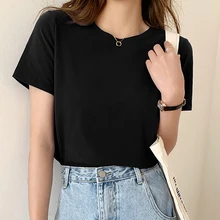 

2022 Summer Cotton Tshirt For Women Black Short Sleeve Casual All-Match T Shirt Woman T-Shirt Top Poleras Mujer Roupas Femininas