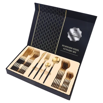 

24pcs Food Grade Stainless Steel Gold Dinnerware Set Knife Fork Spoon Luxury Tableware Set Gift Box Dishwasher Safe Cutlery Set