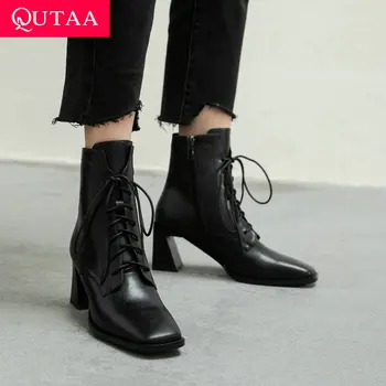 

QUTAA 2021 Square Heel Autumn Winter Ankle Boots Lace Up Zipper Square Toe Women Shoes Quality Cow Leather Short Boots Size34-39