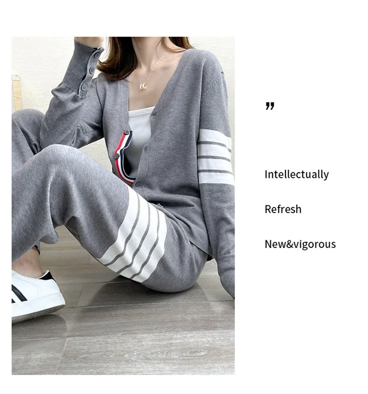 TB suit women's V-neck stripe knitted color matching sweater cardigan coat casual age reducing Harlem Leggings two piece set