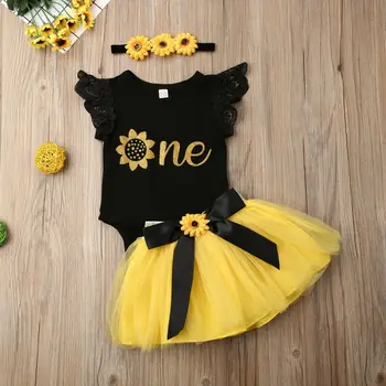 

1st Birthday Baby Girls Clothes Set Toddler Infant Summer Sleeveless Black Letter Sunflower Bodysuit Skirt Headband Outfits