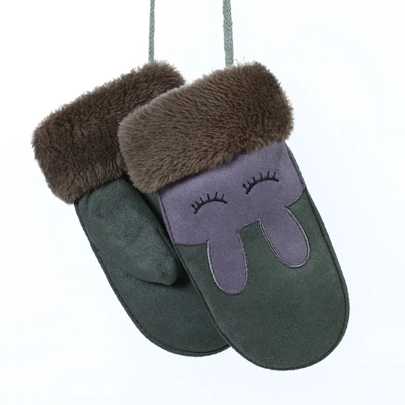 Army Green Зимние розовые детские перчатки с героями мультфильмов, толстые меховые варежки, кожаные Детские Термо кашемировые перчатки ручной работы, кашемировые теплые длинные перчатки - Цвет: Army Green