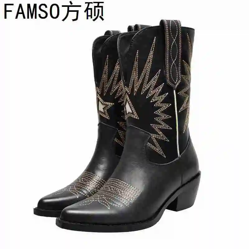 

FAMSO 2019 New Women Boots Black Blue Autumn Chelsea Boots Pointed Toe Mid-Calf Print Mid-Calf Winter Genuine Leather Boots Shoe