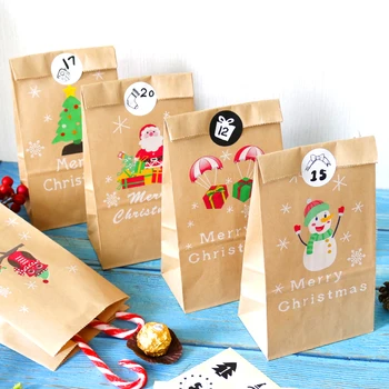 

24sets Advent Calendar Santa Claus Kraft Paper Bags Christmas Gift Bag Party Favor Packing Bags set with Xmas Tag Stickers