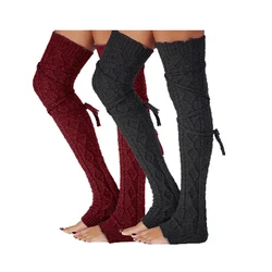 Hollow Out Holes Geometric Pattern Knitted Strings Tie Up Knee High Girls Black Leg Warmers Winter