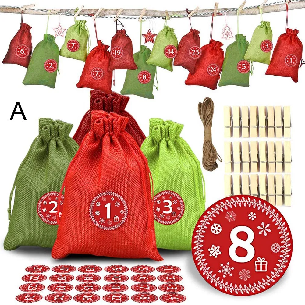 

Hot Advent Calendar Set 24 Filling Fabric Gift Bags with Number Labels for DIY Christmas Decor FQ-ing