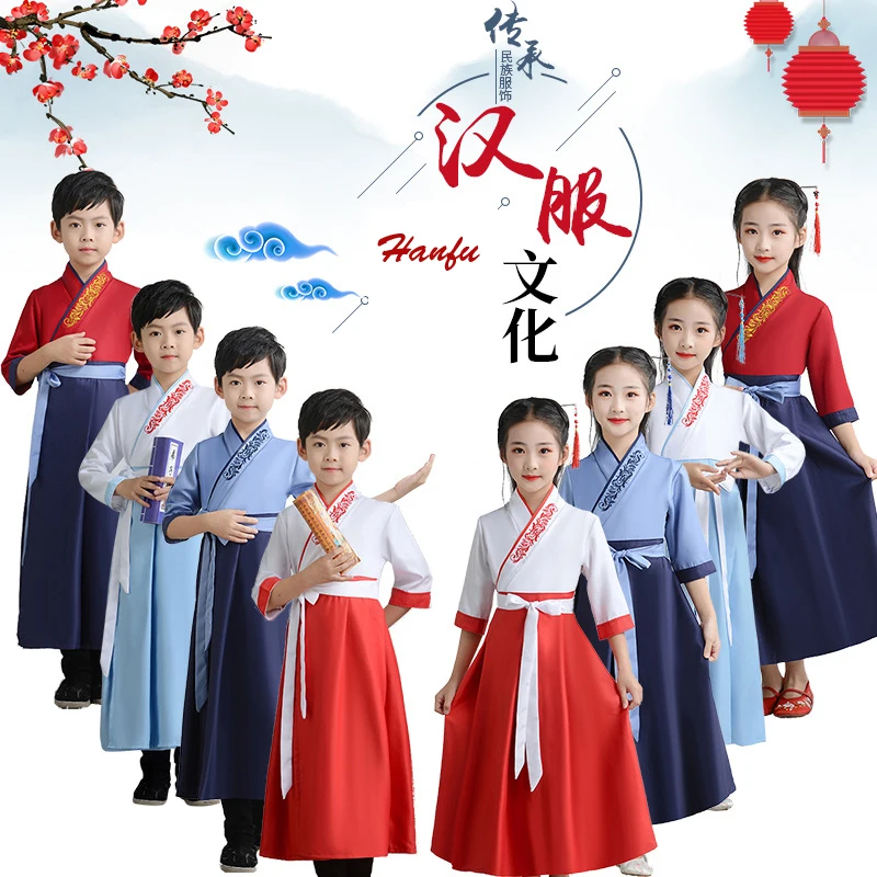 

Chinese Traditional Hanfu For Kids Boy Girl Adult Ancient Confucius Institute Culture Tang Suit Stage Performance