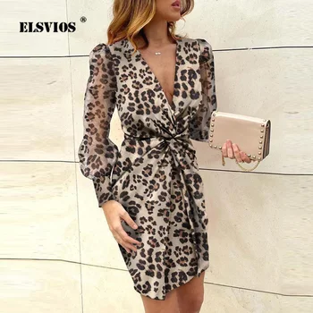 

Leopard Print Sheer Sleeve Mini Dress Women 2020 Summer Hollow Out V-neck Twist Party Dress Spring Elegant Ladies Office Dresses