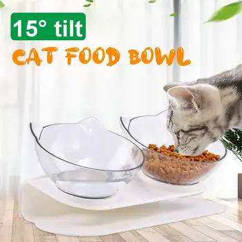 

Meigar 15° Tilt Angle Plastic Transparent Cat Food Bowl Double Bowl Removable Easy Cleaning Non-slip Protection Cervical