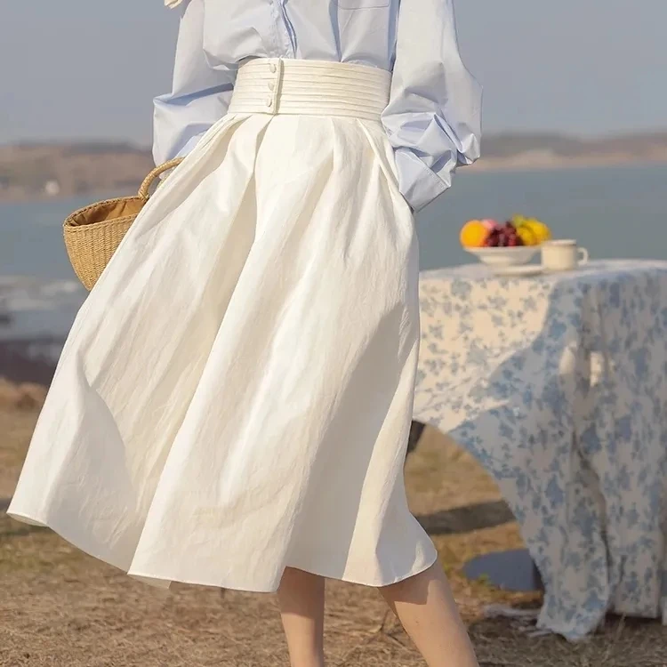 French white high waist A-line  skirt Solid Ankle-Length Natural WOMEN Casual COTTON silk long skirt  clothes