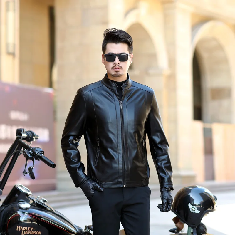 

Haining Leather Coat Men's Simple Versatile Stand Collar Thick Leather Jacket Middle-aged Casual MEN'S Coat