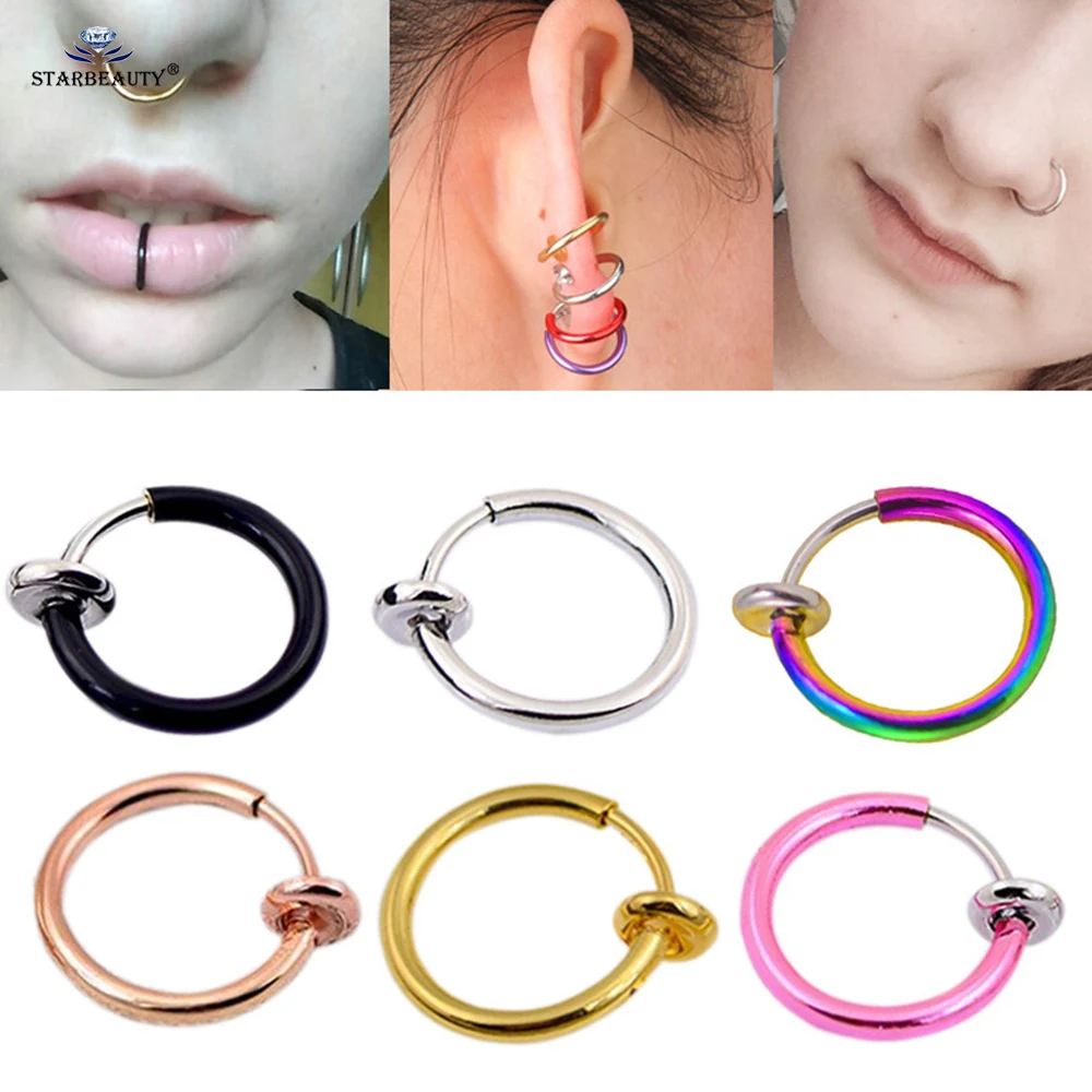 Starbeauty 2Pcs 0.8x10mm Labret Piercing Lip Fake Nose Ring Hoop Septum Rings Faux Nose Piercing Ear Clip Earrings Helix Jewelry hoop earrings,piercing jewelry,nose rings,body piercing jewelry,body jewelry,ear piercing jewelry,body piercing earrings,metal jewelry