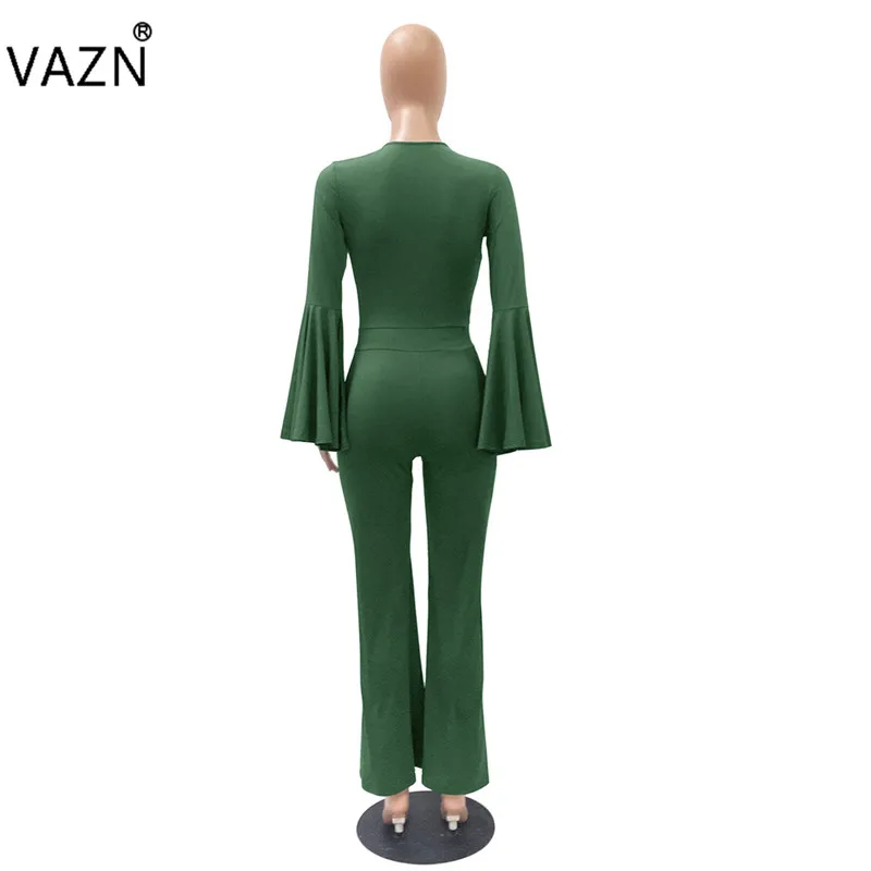 VAZN FM1125 Новые комбинезоны Yong Lady Of Note пикантные офисные модные однотонные с открытым глубоким v-образным вырезом и длинными рукавами женские тонкие ботинки комбинезон с вырезами