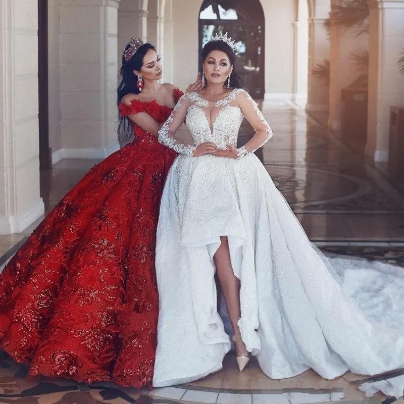 Red Off Shoulder Sequined Ball Gown Prom Dresses Dubai Flowers Applique Plus Size Formal Evening Dress Quinceanera Pageant Gowns