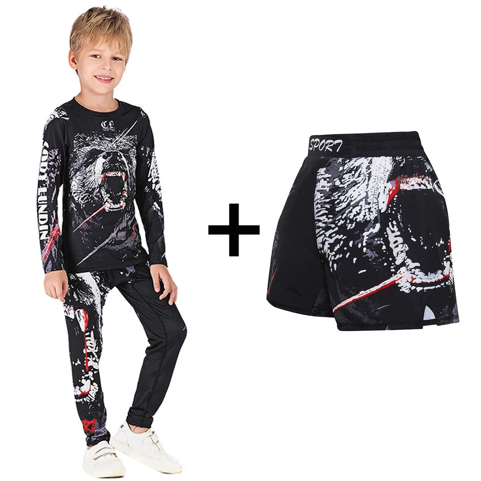 Sports Apparel BJJ GI Kids MMA Rashguard T-shirt + Pants Set Jiu Jusit Tights Muay Thai Shorts Rash Guard For Children MMA Compression Sportsuit