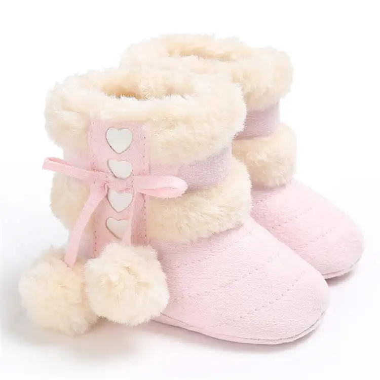 pink CYSINCOS/ г. Зимние сапоги для детей, 7 цветов, теплые пушистые шарики, домашняя хлопковая мягкая резиновая подошва, обувь для новорожденных - Цвет: pink
