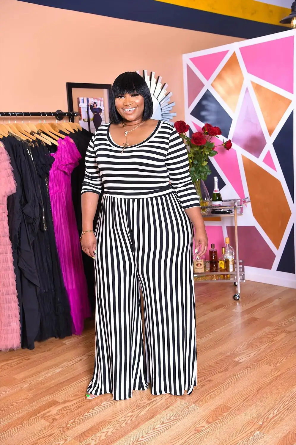 Summer Plus Size Women Casual Office Lady O-Neck Seven-Quarter Sleeve Loose Black And White Striped Jumpsuits OMFDM025