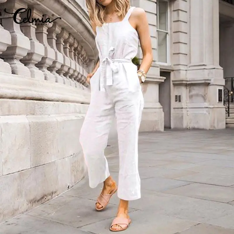 

Fashion Womens Romper Celmia Vintage Casual Summer Jumpsuit Oversized High Waist Beach Overalls Solid Sleeveless Cotton Playsuit