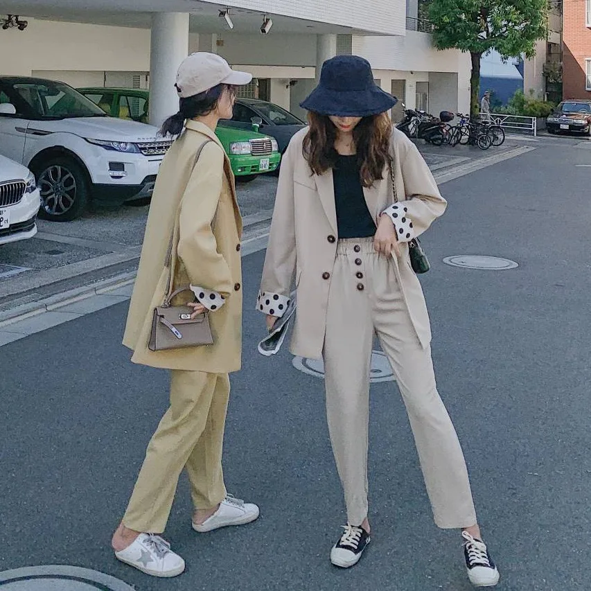 

Photo Shoot INS Autumn Clothing Beige Polka Dot Cuff Loose-Fit Versatile Suit Women's High-waisted Single Breasted Straight-Cut