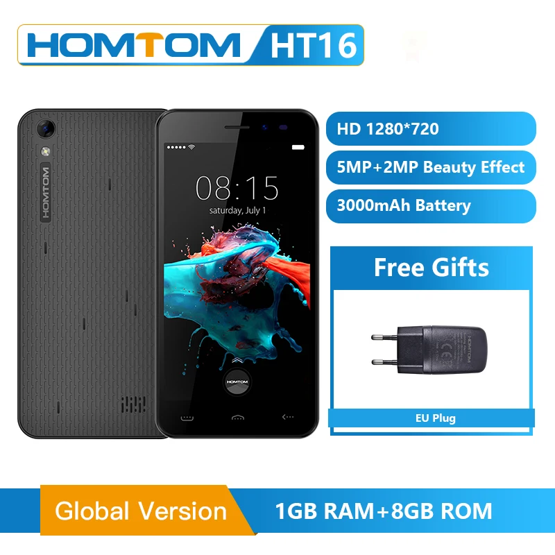 

HOMTOM HT16 Mobile Phone Android 6.0 5.0 Inch 1GB 8GB Full Screen MTK6580 Quad Core Smartphone Smart Gesture unlocked Cell Phone