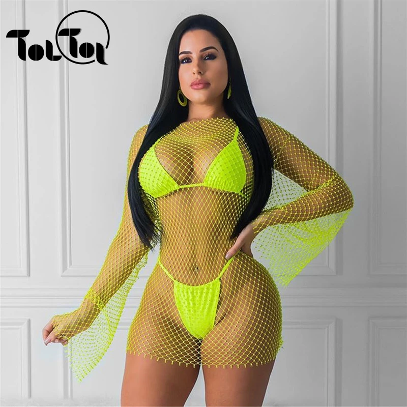 

Hollow Out Shiny Silver Rhinestones Fishnet Dress Sexy Bodycon Mini Dresses Party Night Club Summer Beach Women Dress