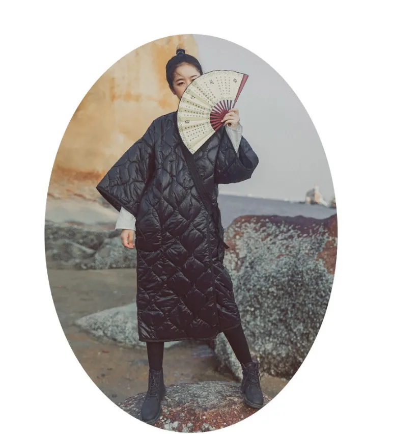 Dark Black Winter Japanese Kimono Bandage Robe Loose Long Cotton Padded Jacket Winter Warm Long Coat LM88