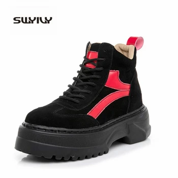 

SWYIVY Woman Winter Boots 2019 New Genuine Leather Shoes Black Warm Martin Boot Hidden Heel Wedges Shoes For Women Botas Mujer