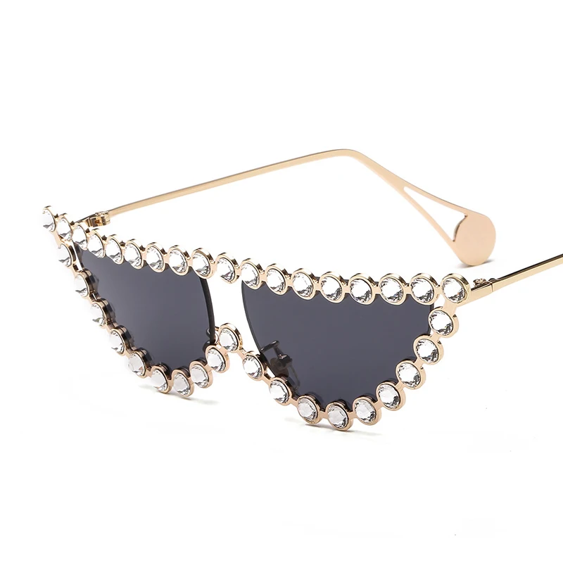 Модные алмазные оправа «кошачий глаз» Солнцезащитные очки женские роскошные брендовые винтажные треугольные оттенки солнцезащитные очки со стразами для женщин из металла UV400 - Цвет линз: GV0139-1