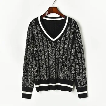 

Institute of new wind hitting scene v-neck new rope hot drilling knitting sweater set loose women elasticity