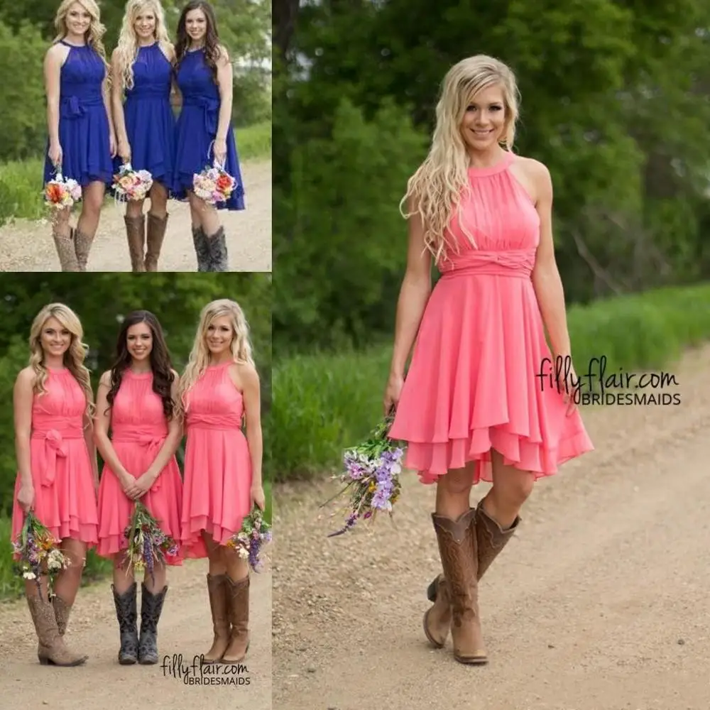 

Country Cheap Short Bridesmaid Dresses Coral Sky Blue Modest Wedding Guest Gowns Knee Length Bridesmaids Dress Maid of Honor