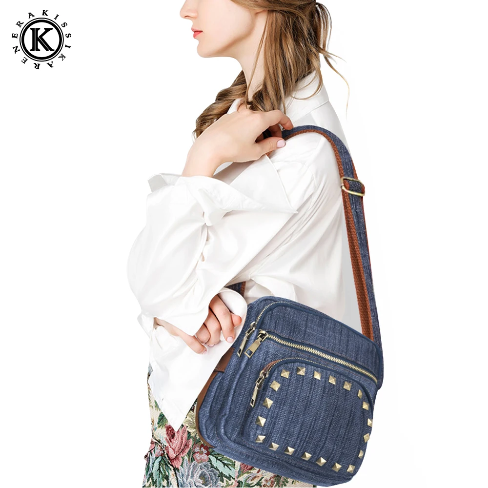 

Stylish Denim Women's Messenger Bags Studded Women Shoulder Bags Roomy Satchels Pouch Bag Jeans Crossbody Women Purse