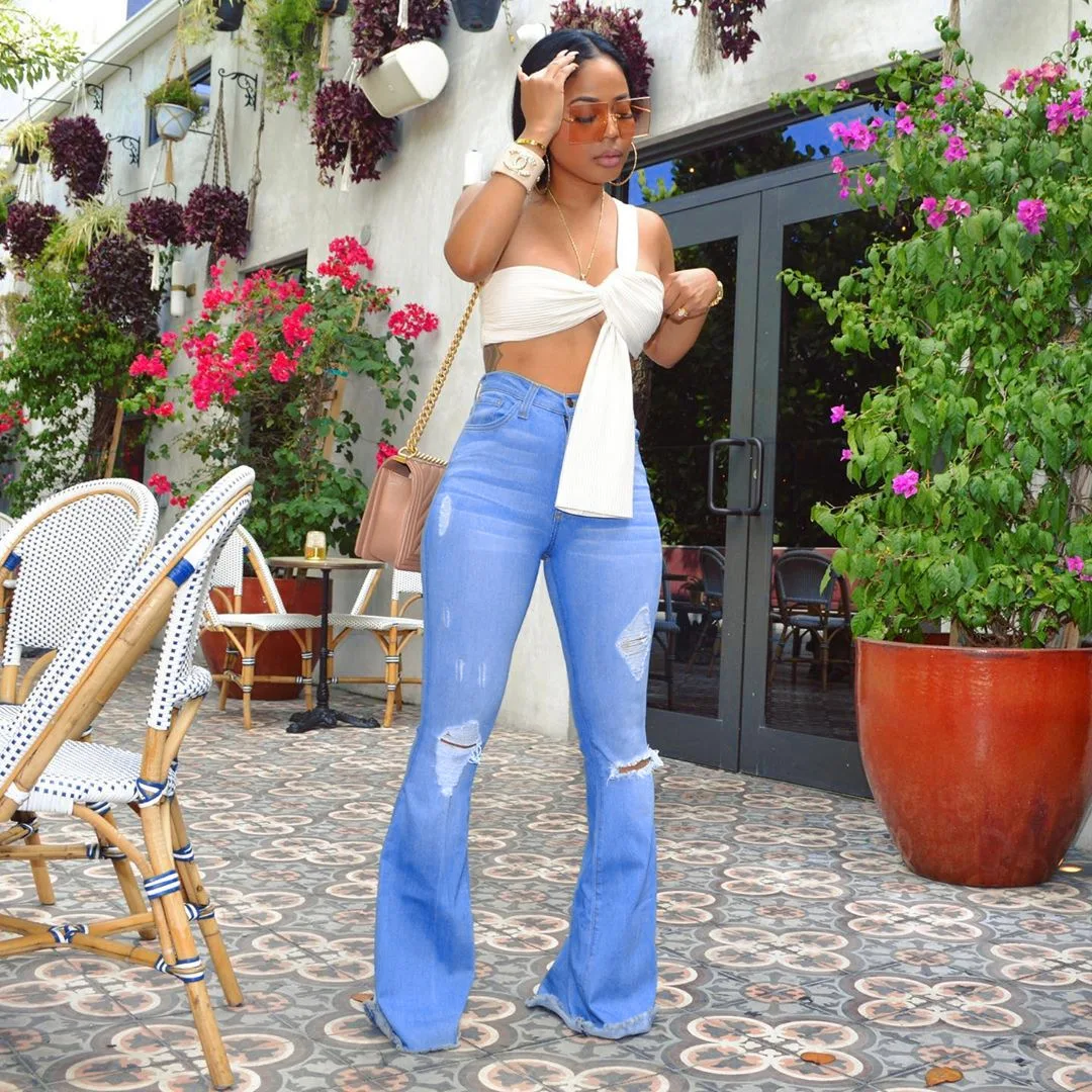 

Stretch Destroyed High Waist Women Wide Leg Jeans Hole Denim Jeans Bleached Flare Jeans Pants B;ue Size S-XL