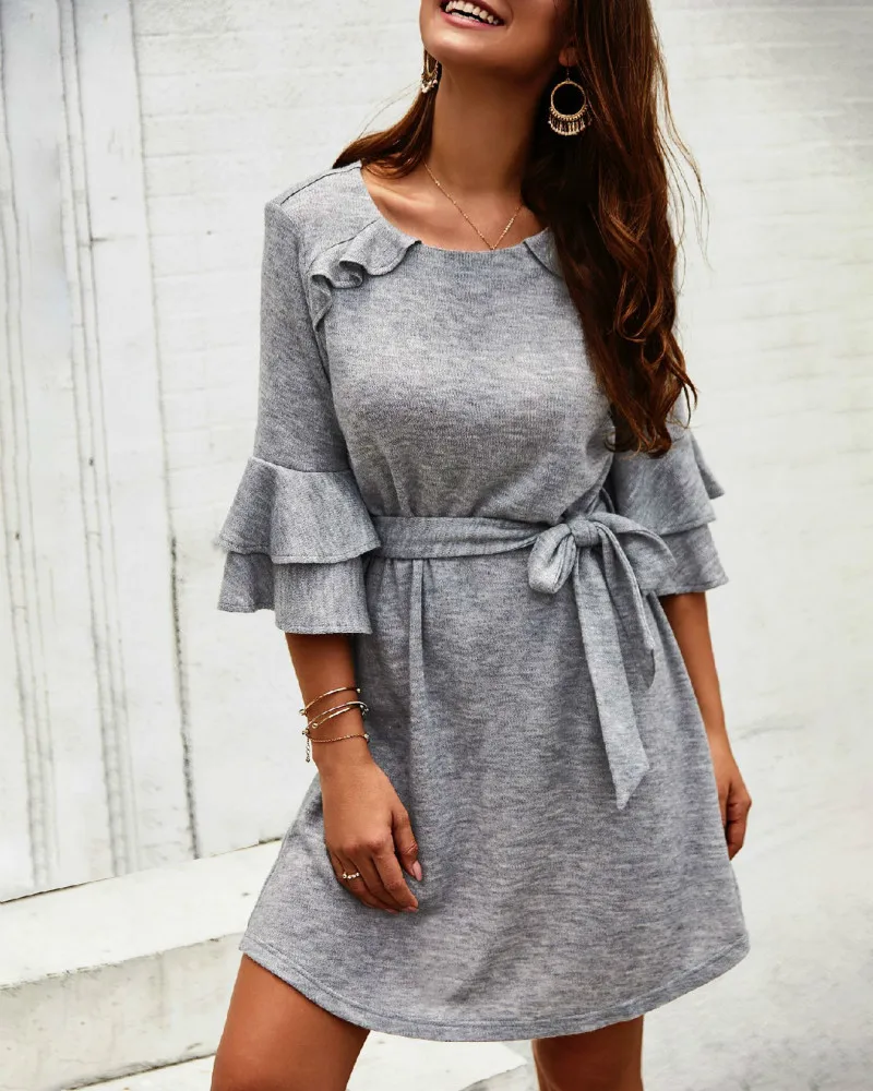 Uguest Office Lady Big Women Mini Dress Ruffles Cotton Sashes A-line Half Butterfly Sleeve Round Neck Empire Casual Summer Dress