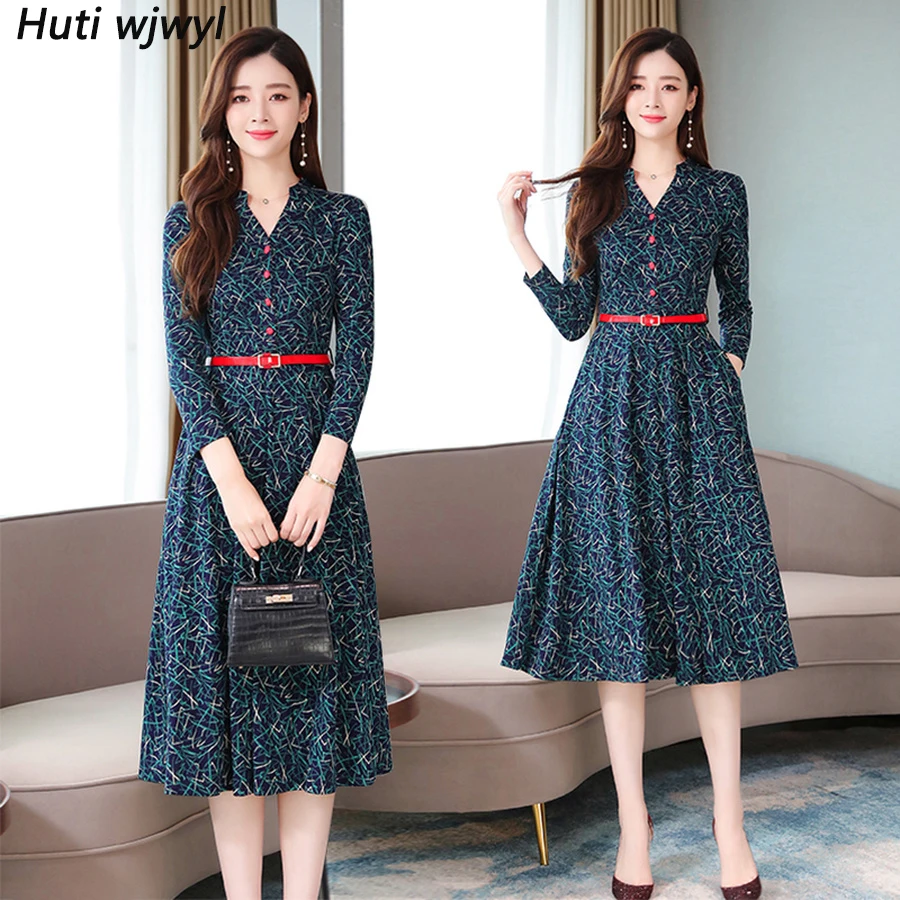 

2019 Femal Vintage Plus Size Green Print Long Sleeve Dresses Autumn Winter Chic Midi Dress Elegant Women Bodycon Party Vestidos