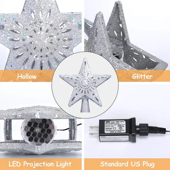 

NEW 3D Hollow Gold/Sliver Star Topper Projection Light with Built-in Rotating LED Ball for Christmas Tree Decoration