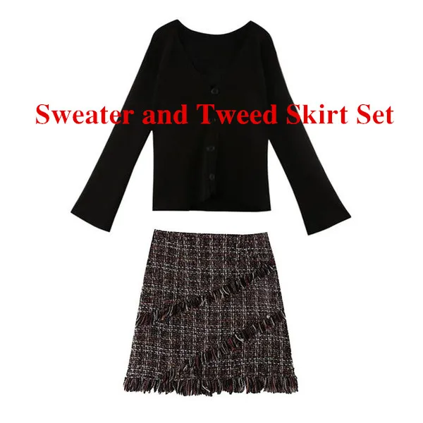 Осенне-зимний женский кардиган с v-образным вырезом на пуговицах, вязаное пальто+ твидовая юбка с высокой талией и кисточками, комплекты из 2 предметов, женские юбки, наряды - Цвет: Top and Skirt Set