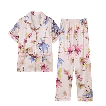 

2020 New Lapel Loose Large size Women's Simple Sleepwear Stain Faux Silk Fabric Long Sleeve Plus-sized Pajamas Set